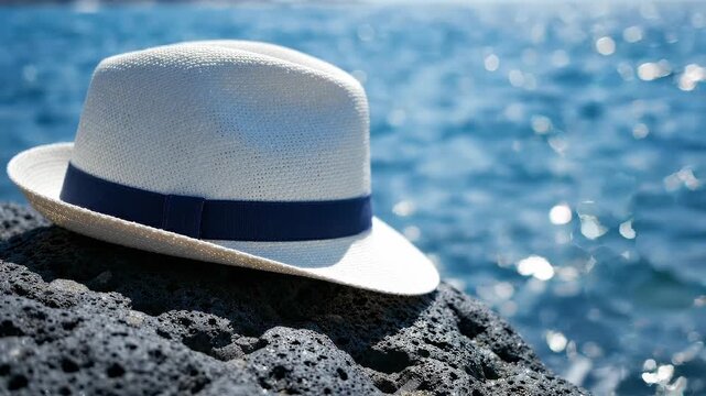 White fedora hat rests on dark volcanic rock by the sparkling blue ocean.