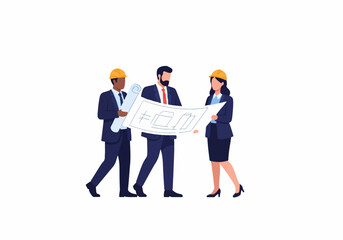 Obraz premium Business professionals discussing construction blueprint in office