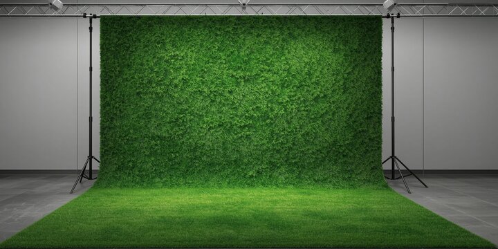 Green artificial grass backdrop in a studio setting