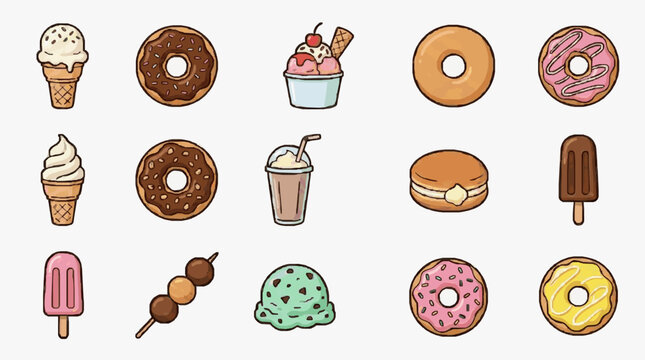 Diverse Cartoon Donuts and Desserts Collection.