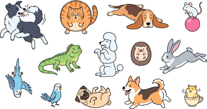 Cute Domestic Pets and Domesticated Animals Icon Set Featuring Playful Dogs Cats Birds Rabbit Hedgehog Lizard and Hamster Vector Illustration