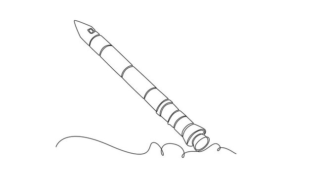 Self drawing animation single line draw slender space vehicle rocket launching diagonally into sky with smoke trail, representing cosmic exploration technology. Continuous line. Full length animated