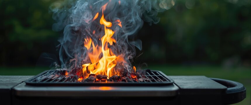 High detail close up of a gas barbecue grill featuring hot coals and flickering flames for vibrant grilling