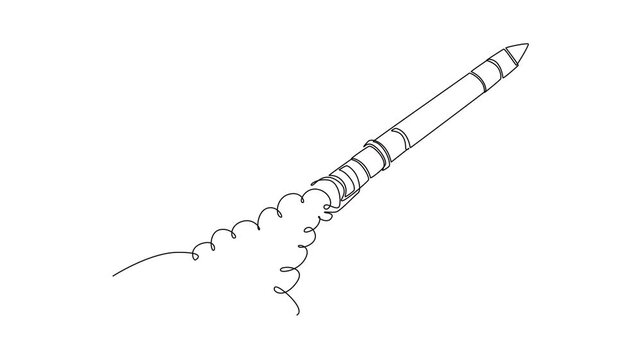 Self drawing animation of single line draw space rocket vehicle launching dynamically upwards at an angle, leaving stylized curly smoke trail behind its engines. Continuous line. Full length animated