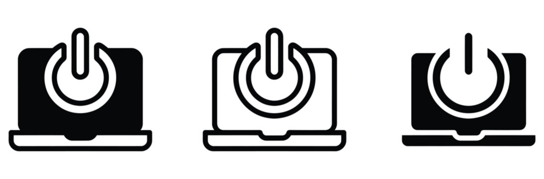 Laptop power button icon vector set. Computer turn on and off symbol, notebook shutdown and restart sign. Digital technology, device UI screen, electronics hardware flat vector illustration.