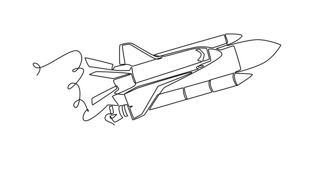 Animated self drawing of continuous line draw a space shuttle vehicle attached to its external tank and rocket boosters flying diagonally with a stylized loop trail. Full length single line animation