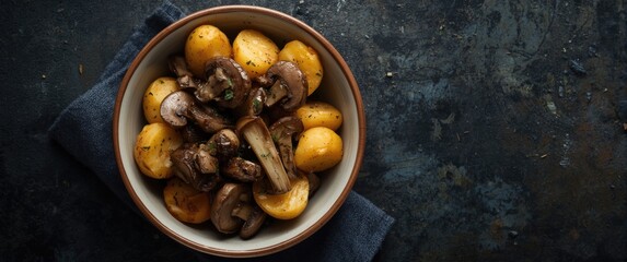 Fototapeta premium Mushrooms and yellow potatoes in a bowl on a dark background