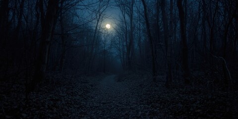 Fototapeta premium Pathway through a dark forest under a full moon