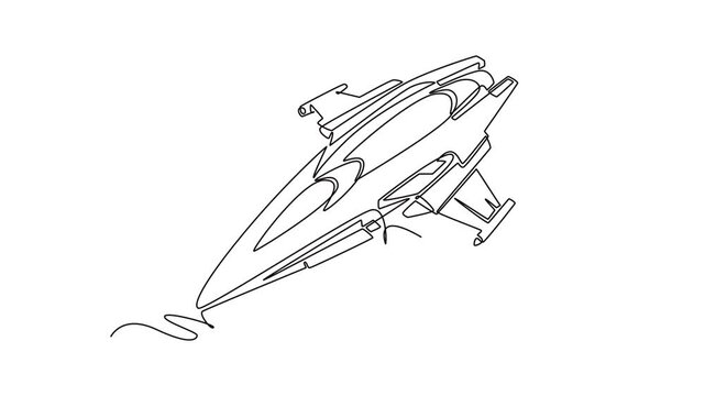 Animated self drawing of continuous line draw sharp futuristic space vehicle, advanced cosmic jet cruising down, representing modern sci-fi transportation technology. Full length single line animation