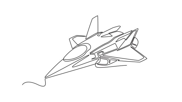 Animated self drawing of continuous line draw futuristic space vehicle or advanced fighter jet flying in the sky, showcasing sci-fi technology and aerospace concepts. Full length single line animation