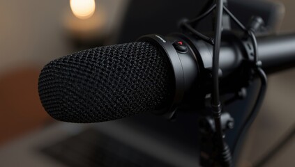 Obraz premium Close-up of a black microphone on a recording setup
