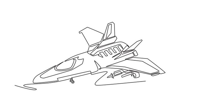 Animated self drawing of continuous line draw futuristic modern spaceship fighter vehicle resting on ground, representing advanced sci-fi transportation technology. Full length single line animation