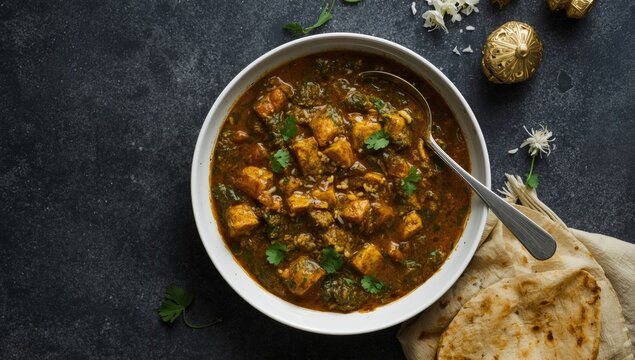 Indian style saag paneer with chapattis served as a wholesome vegetarian dish