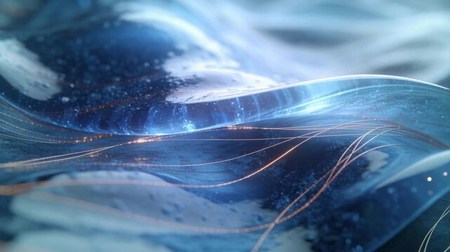Abstract blue fluid waves with glowing copper fibers. Microscopic view of copper peptides in skincare science. Molecular technology and biotechnology concept