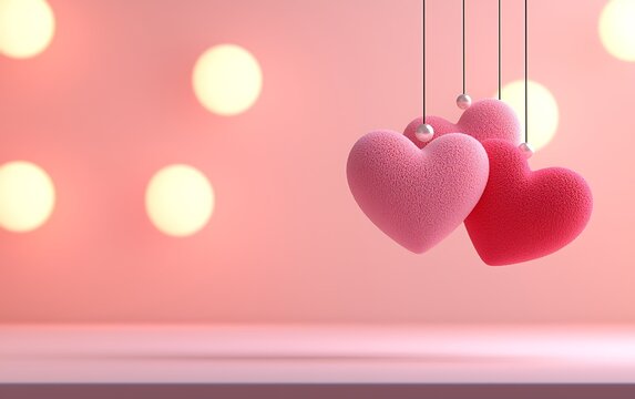 Hanging hearts! Fuzzy pink, red, silver accents on a soft pink bokeh backdrop
