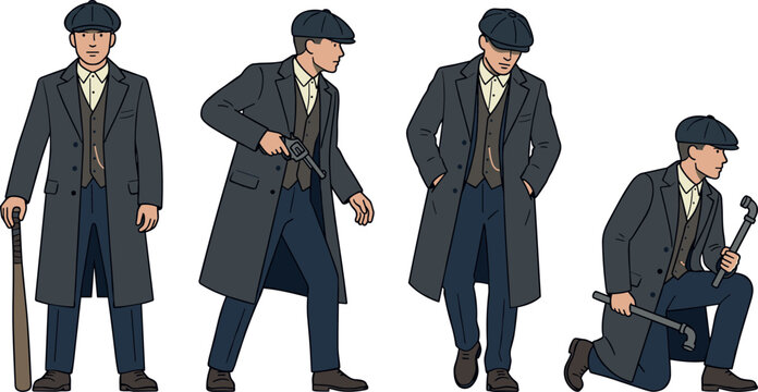 Vintage Gangster Character Vector Set Wearing Flat Cap and Long Trench Coat Holding Pistol Revolver, Wooden Bat, and Iron Pipes for Retro Crime Concept