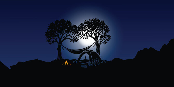 Camping under the moonlight with hammock and tent