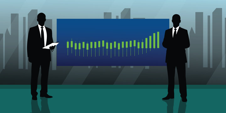 Businessmen analyzing stock market trends with green candlestick chart