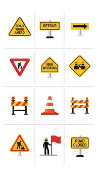 Set of road construction signs and equipment icons.