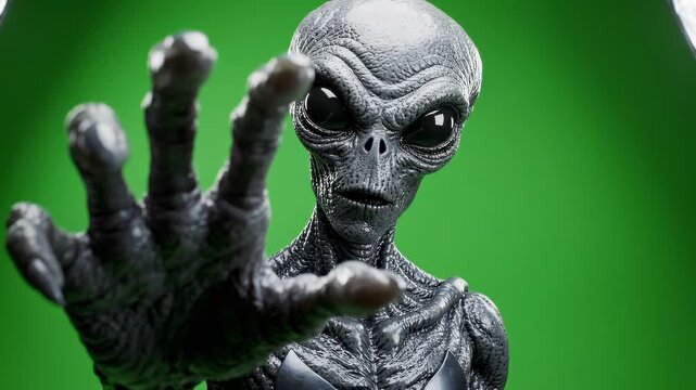 Alien creature reaching out with hand on green screen background.