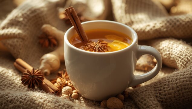 Mug of warming ginger turmeric herbal tea with cinnamon and dried spice accents