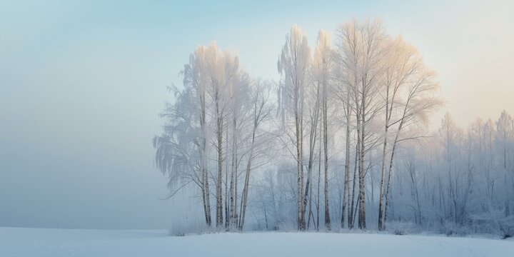 Snow covered landscape featuring white aspen trees and a soft blue winter sky