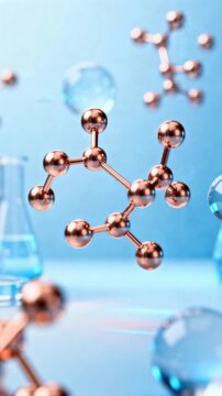 Vertical video of a metallic copper peptide molecule rotating. 3D animation of a scientific molecular structure in a laboratory setting. Skincare and biotechnology concept