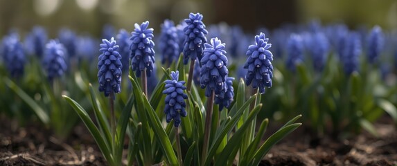 Fototapeta premium Blue grape hyacinths blooming in a garden bed