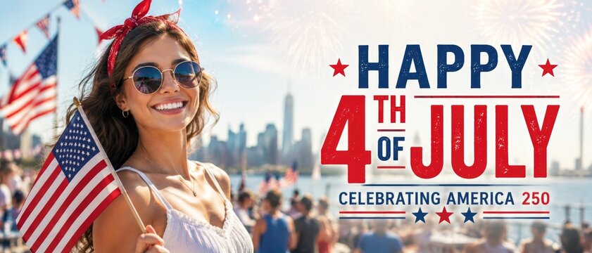 Happy young woman holding US flag celebrating 4th of July America 250 anniversary patriotic banner