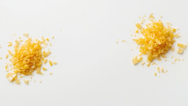 Dried yellow cheese flakes on a white background