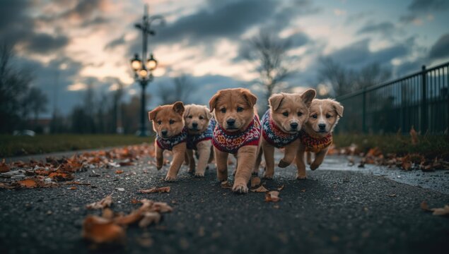 Lively puppies clad in warm sweaters during a blustery evening walk