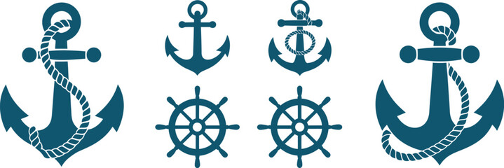 Nautical anchor with rope, blue sea helm and captain rudder icon set in modern flat and outline vector styles for yacht clubs, cruise companies, sailing events, marine apps and ocean-themed graphics. © Dalim 4