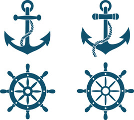Nautical anchor with rope and ship steering wheel icon featuring blue sea helm, captain rudder and sailor symbols in a clean vector style for maritime, sailing and ocean adventure concepts. © Dalim 4
