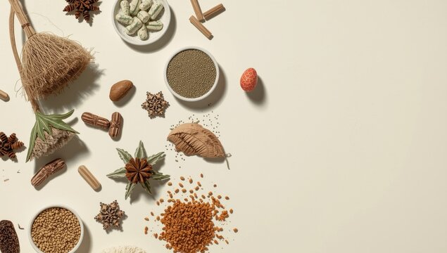 Spices and herbs arranged on a light surface