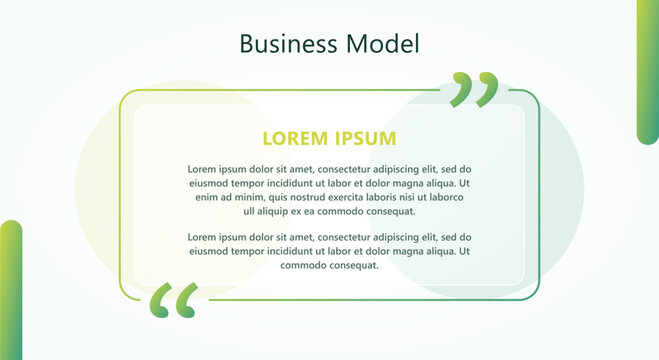 Clean business model quote block layout template with light green gradient background soft floating circles and large quotation mark elements.