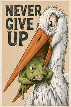 A determined frog holding onto the beak of a surprised stork with "NEVER GIVE UP" text.