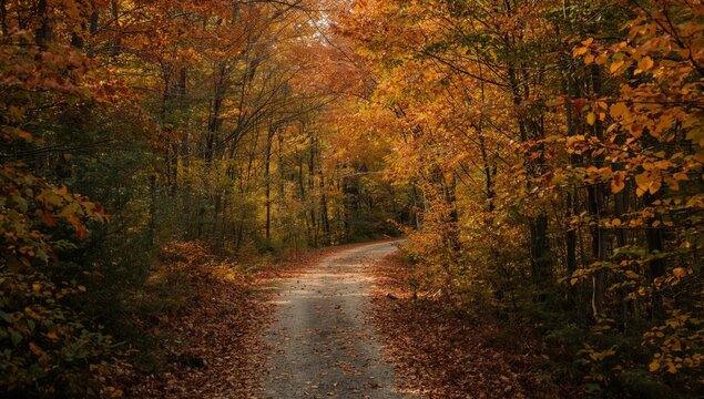 Quiet trail through a colorful forest setting in the peaceful early autumn light