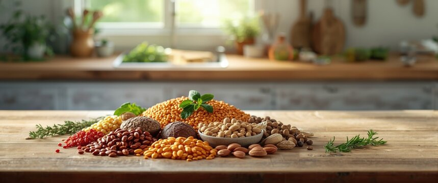 Assorted dried beans and nuts on a wooden kitchen table