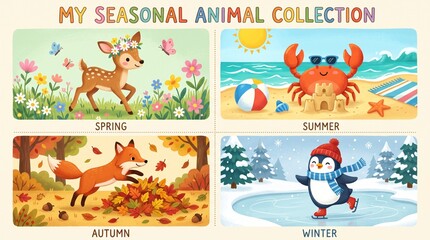 Naklejka premium Seasonal Animal Illustration Collection for Kids Cute Colorful Cartoon Set