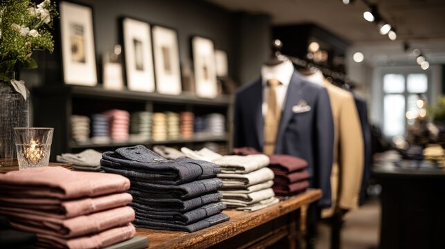 Neatly folded luxury apparel on a wooden display table in a boutique mens clothing store