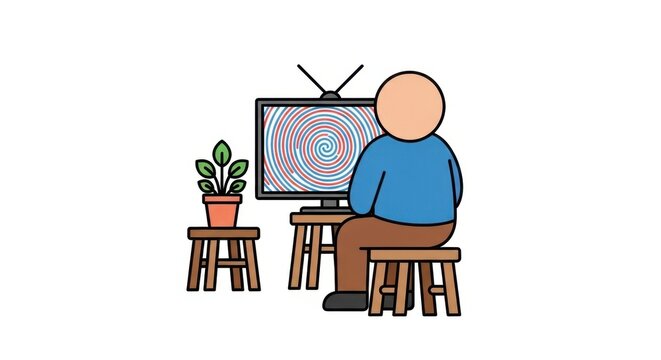 Man sitting on stool watching tv with plant beside