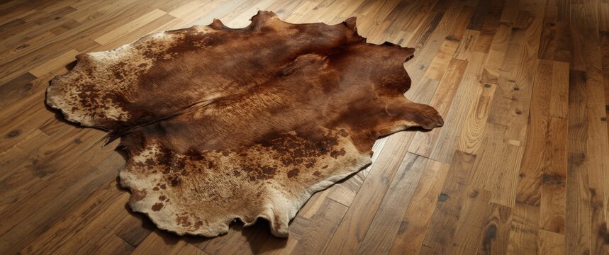 Rustic cowhide floor covering on textured laminate wood surface