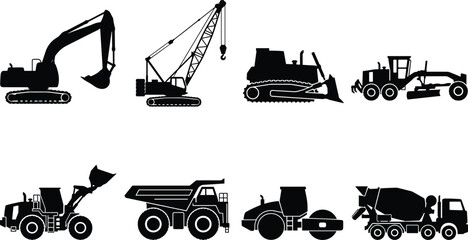 Heavy construction equipment black silhouettes vector icon set featuring excavator crane bulldozer motor grader and dump truck © Sobuz