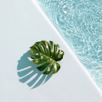 Monstera leaf floating on rippling blue water