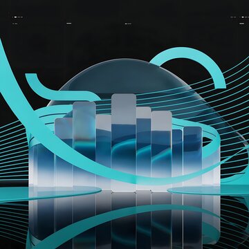 Abstract representation of financial growth with transparent glass bars and flowing blue light curves on dark surface abstract business analytics investment marketing