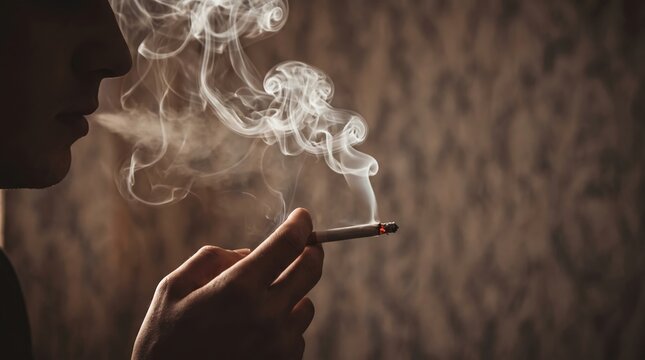 man holding smoking a cigarette in hand. Cigarette smoke spread. dark background