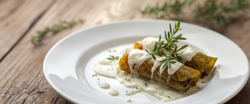 Rice stuffed grape leaves sarma served with a tangy white yogurt dressing