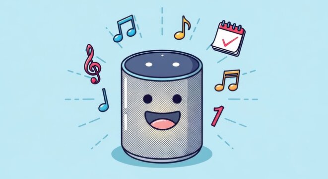 Smiling smart speaker with musical notes and calendar
