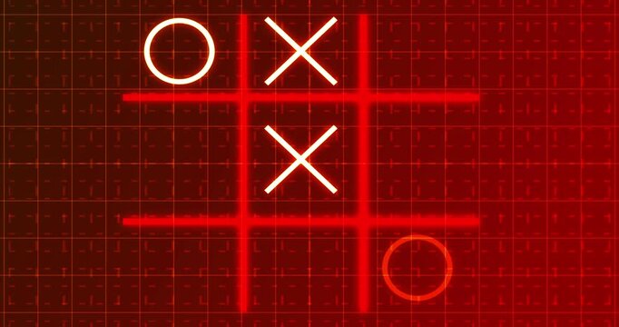 4K Glowing animated Tic Tac Toe Game Icon on a grid background. Neon Tic Tac Toe X-O game icon on a grid background for banners, business workflows, and digital backdrops. Easy to use in any video.
