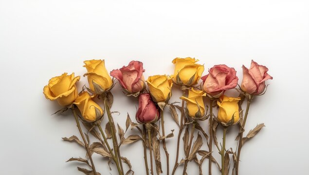 Dried yellow and pink roses arranged on a white background